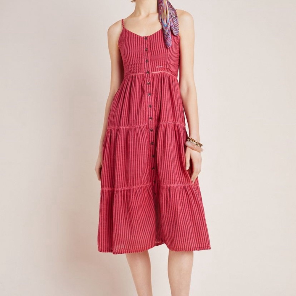 Anthropologie Sundry Elena Tiered Midi Button Front Striped Dress